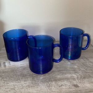 Vintage Arcoroc set of 3 France Royal Cobalt Blue Cups Glass Coffee Mugs